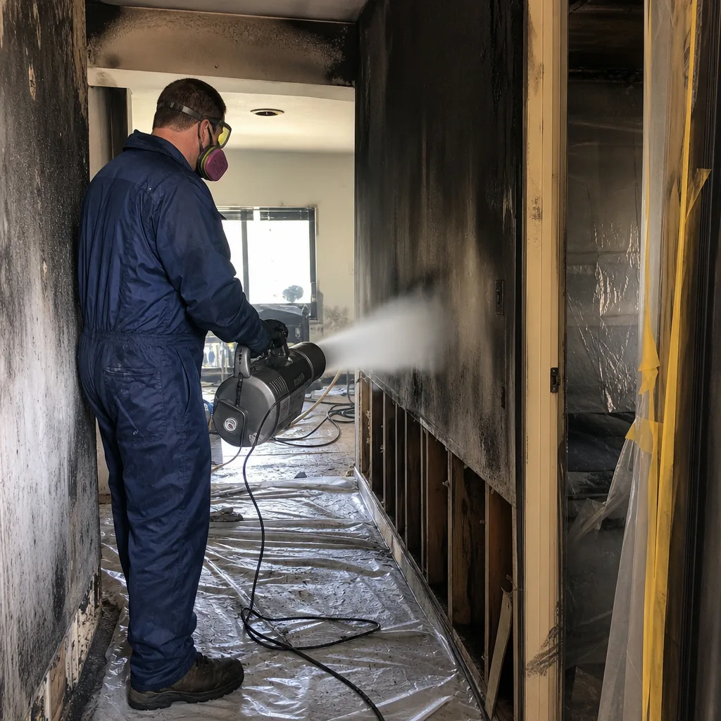 Technician performing fire and smoke damage restoration on a charred wall