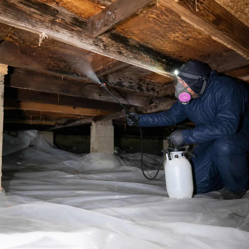 Technician in protective gear performing professional crawl space mold remediation