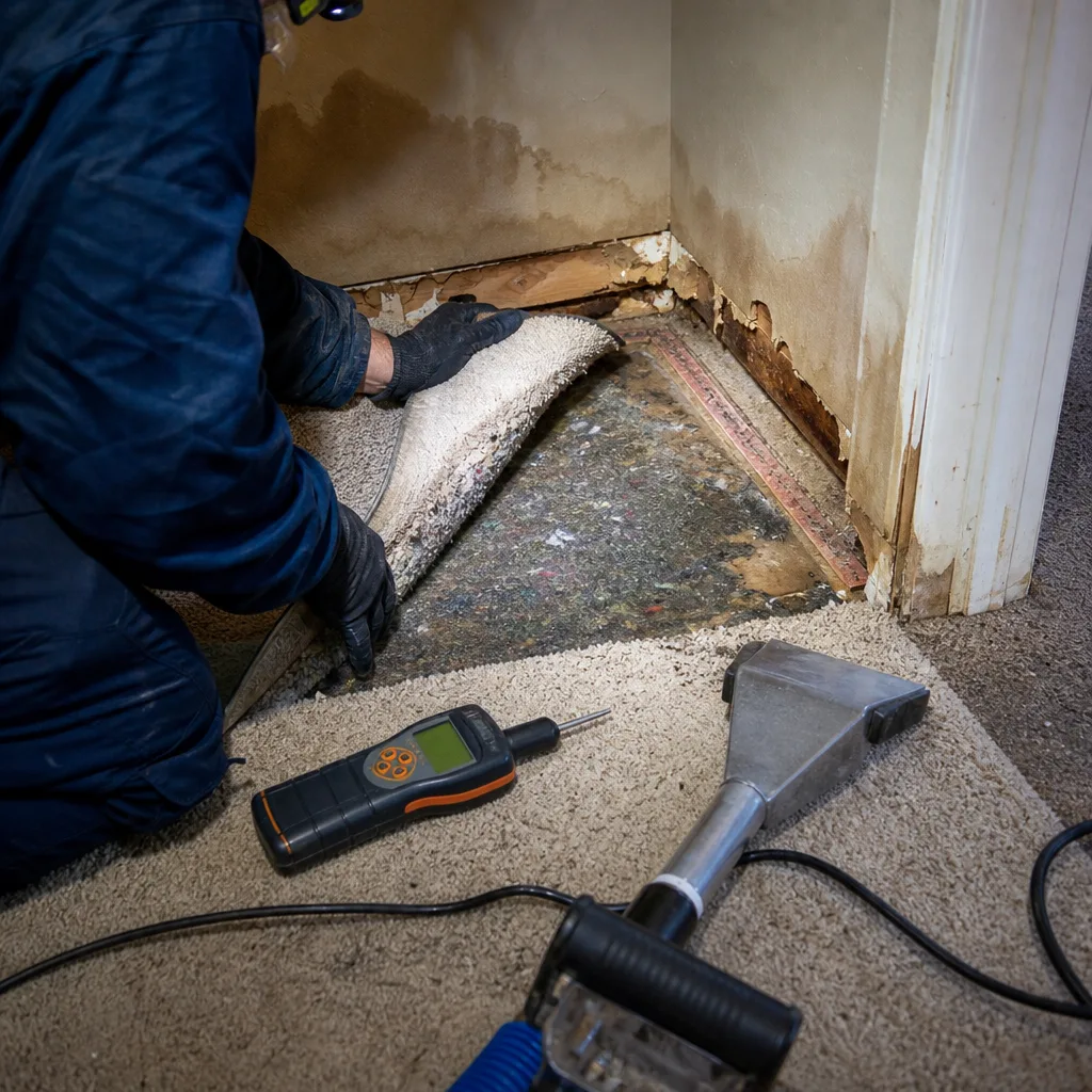 Professional performing water damage restoration on carpeted floor