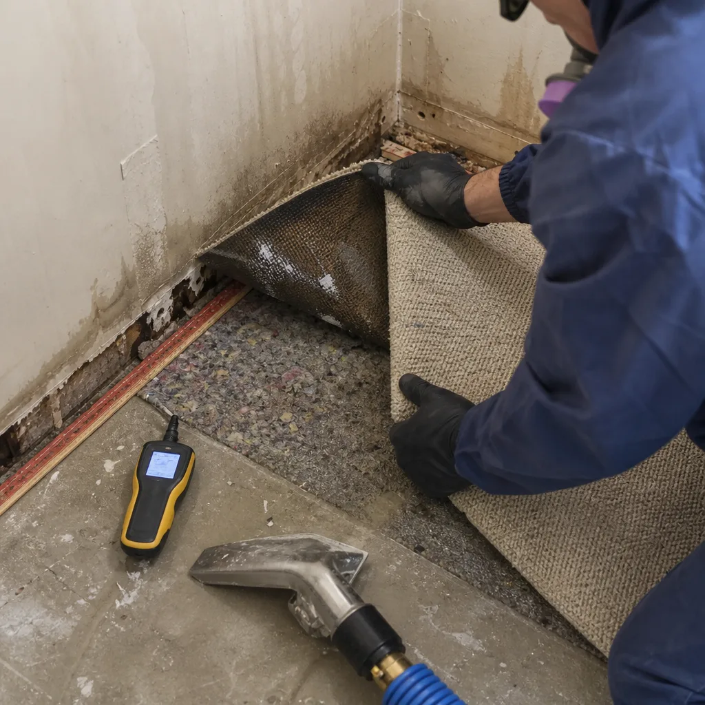 Water damage restoration professional inspecting wet carpet and subfloor