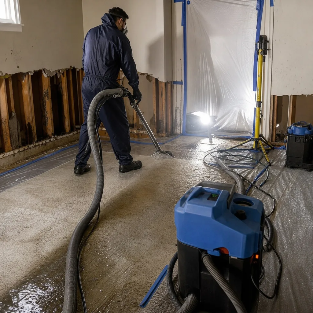 Technician using industrial water extraction equipment during professional flood damage restoration